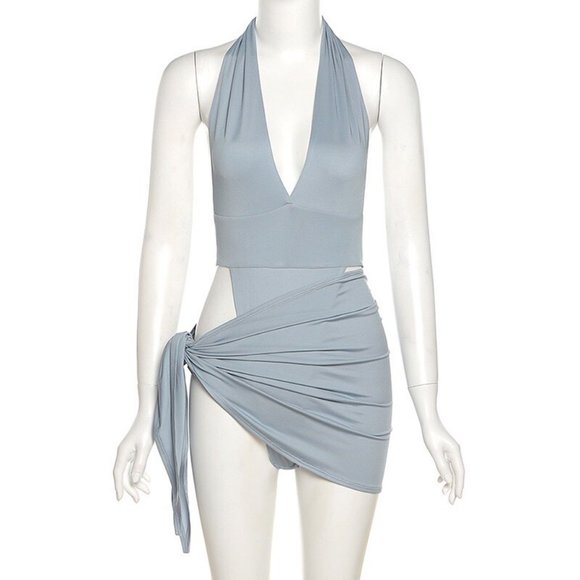 Gray-blue Two-piece Swimsuit With Snap Button To Wear Outside Swimsuit - Picture 2 of 4